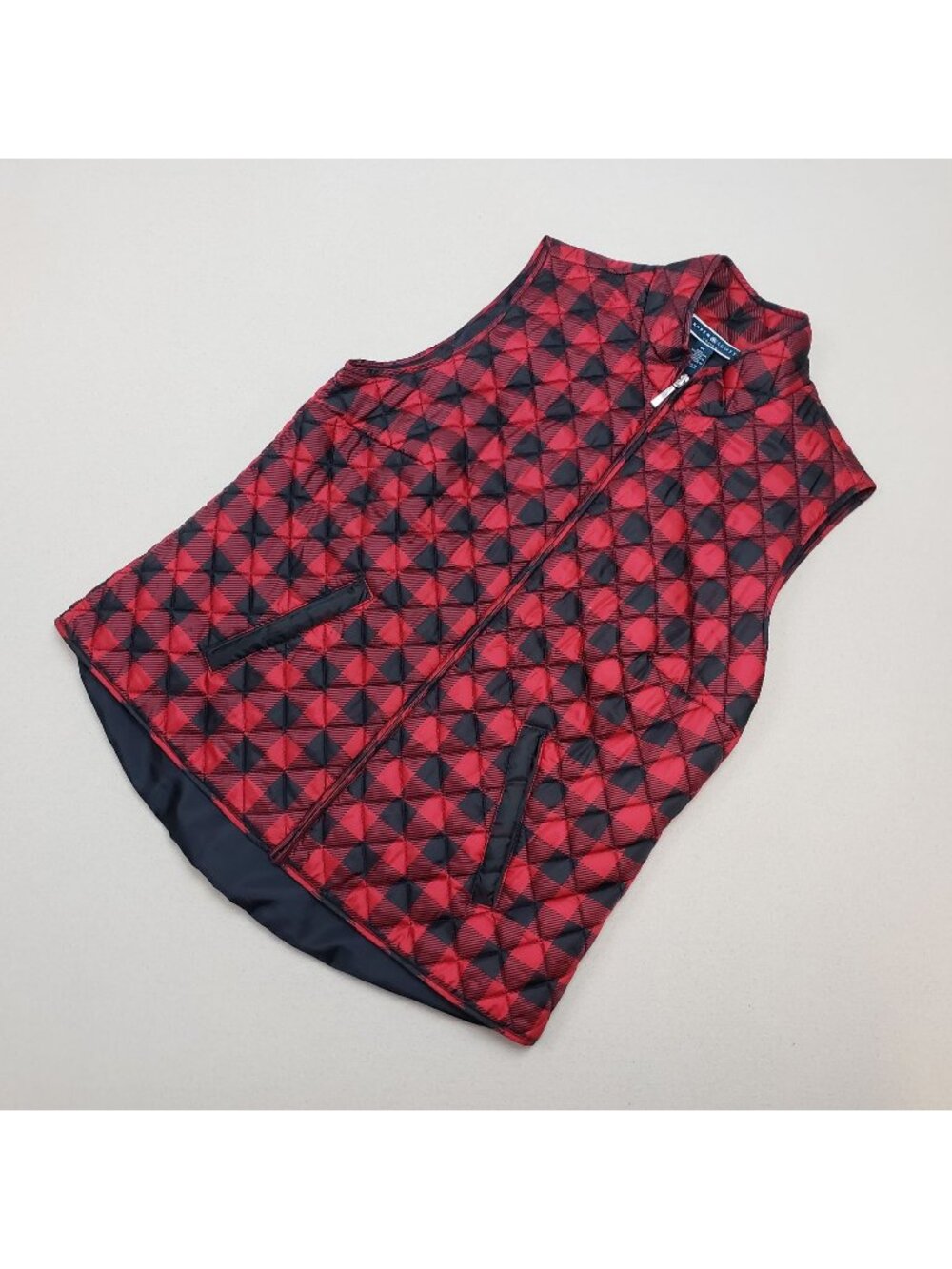 Karen Scott Women's Plaid Quilted Down Red/Black Classic Rustic Vest Sz M